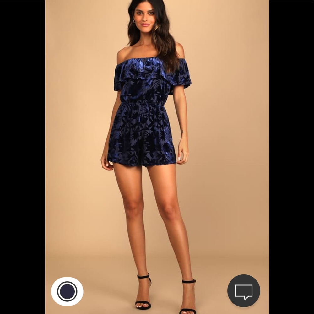 Lulus Navy Blue Burnout Velvet Off-Shoulder Romper